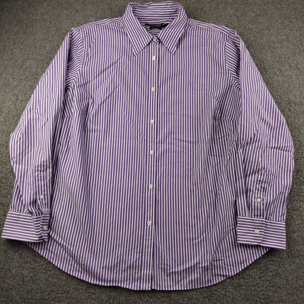 Lauren Ralph Lauren Cotton Button Up Shirt Sz 1X Non Iron Purple White Striped